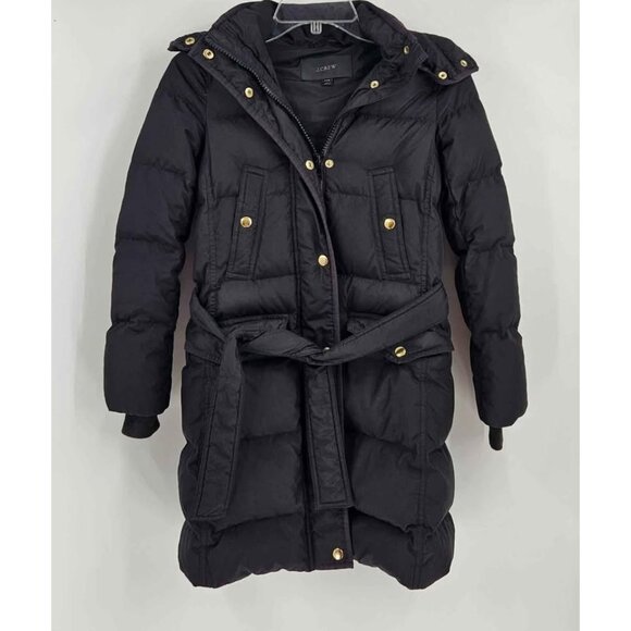 J.Crew Jackets & Blazers - J. Crew Black Wintress Down Filled Belted Puffer Coat Removable Hood Sz XXS